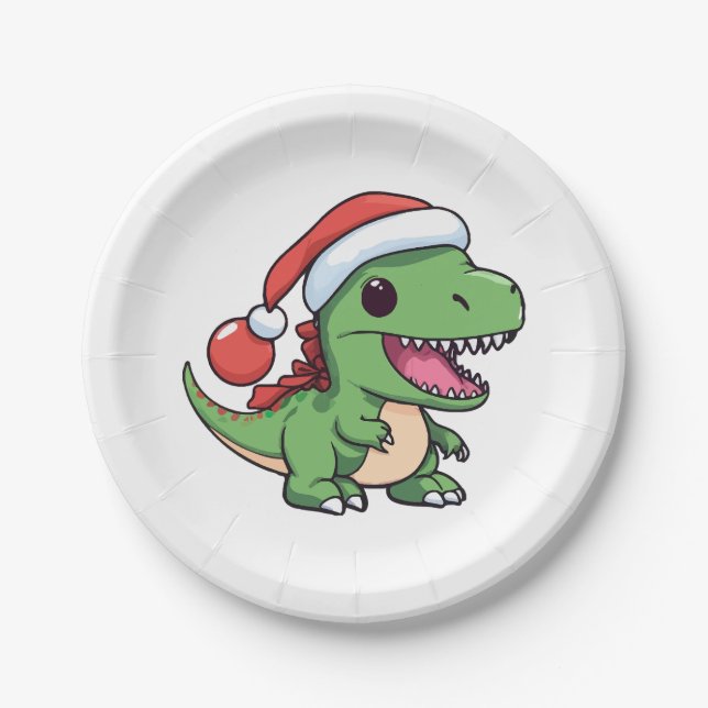 Kawaii T-Rex Dinosaur in Weihnachtshut Pappteller (Vorderseite)