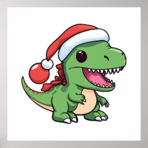 Kawaii T-Rex Dinosaur in Weihnachtshut Poster