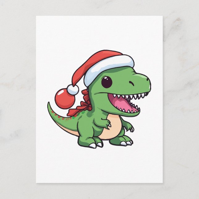 Kawaii T-Rex Dinosaur in Weihnachtshut Postkarte (Vorderseite)