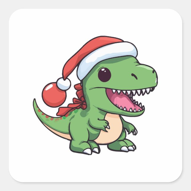 Kawaii T-Rex Dinosaur in Weihnachtshut Quadratischer Aufkleber (Vorderseite)