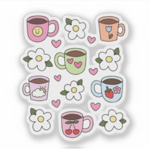 Kawaii-Tasse und Blumen  Aufkleber