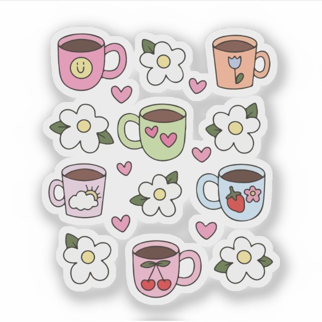 Kawaii-Tasse und Blumen  Aufkleber (Vorderseite)
