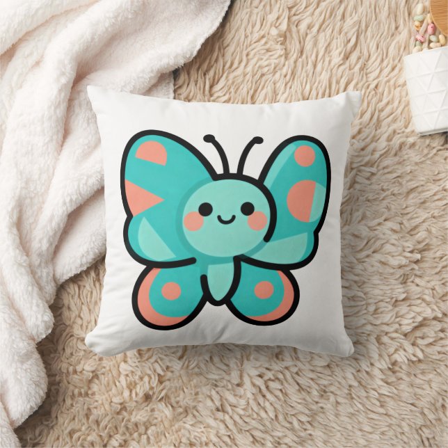 Kawaii Teal Butterfly Happy Face Cartoon Art Kissen (Decke)