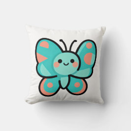 Kawaii Teal Butterfly Happy Face Cartoon Art Kissen