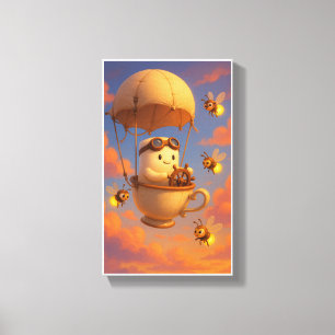 Kawaii-Teetassen-Ballon-Wandkunst mit Bienen Leinwanddruck