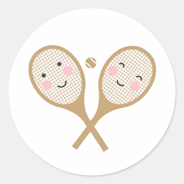 Kawaii Tennis Rackets Happy Face Niedlich Brown Runder Aufkleber (Vorderseite)