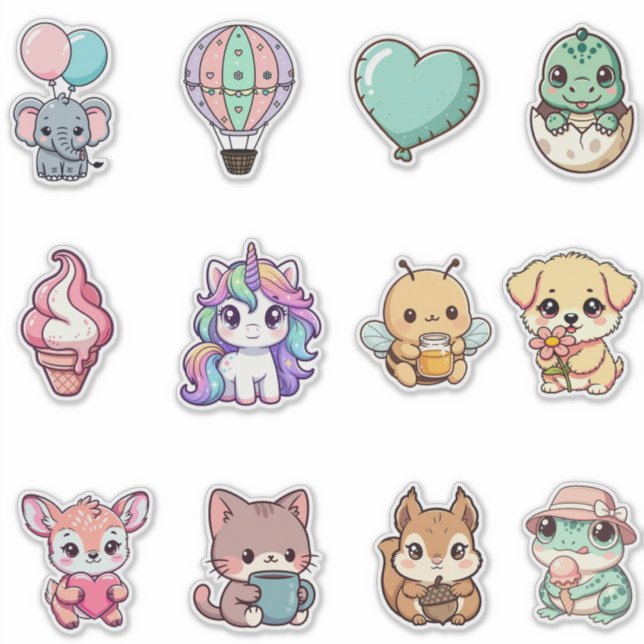 Kawaii-Tier-Sticker-Bundle – Süße Fantasy & Animat Aufkleber (Vorderseite)