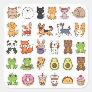 Kawaii-Tiere & Food Lover's Sticker-Set Quadratischer Aufkleber