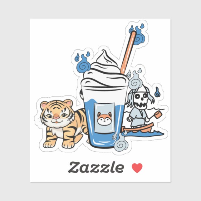 Kawaii-Tiger, bluer Milchshake und Bootsgeist Aufkleber (Blatt)