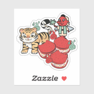 Kawaii-Tiger, Tengu und Katzen-Macarons Aufkleber
