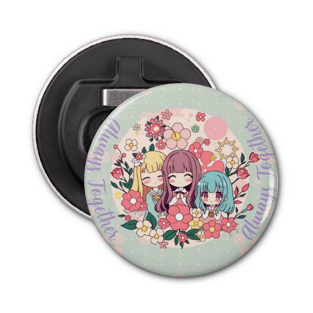 Kawaii Trio - Niedliche Anime Girls & Floral Vibes Flaschenöffner (Vorderseite)