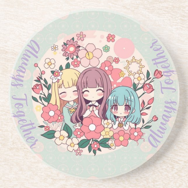 Kawaii Trio - Niedliche Anime Girls & Floral Vibes Getränkeuntersetzer (Vorne)