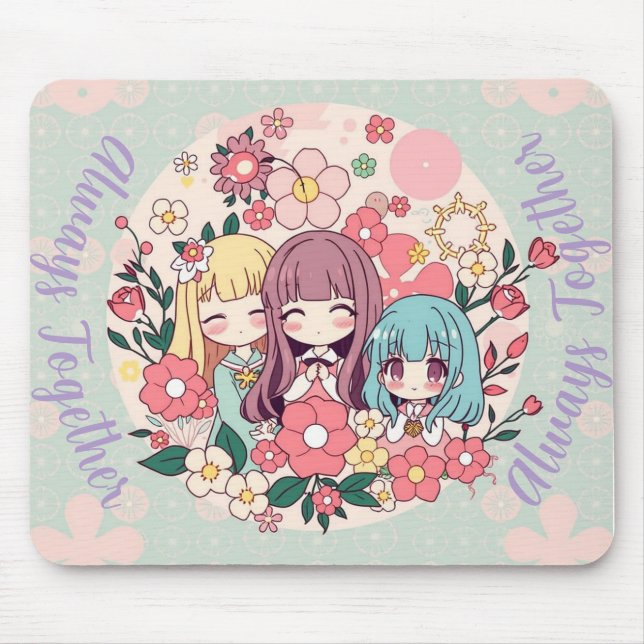 Kawaii Trio - Niedliche Anime Girls & Floral Vibes Mousepad (Vorne)