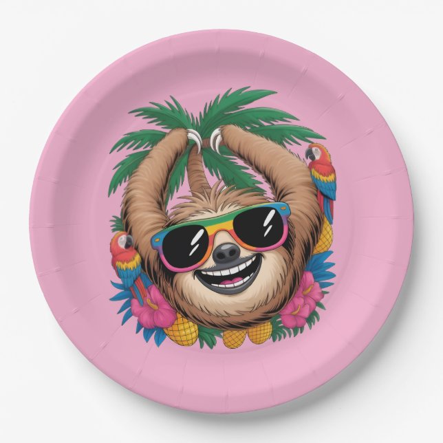 Kawaii Tropical Sloth – Cute Summer Vibes Rainbow  Pappteller (Vorderseite)