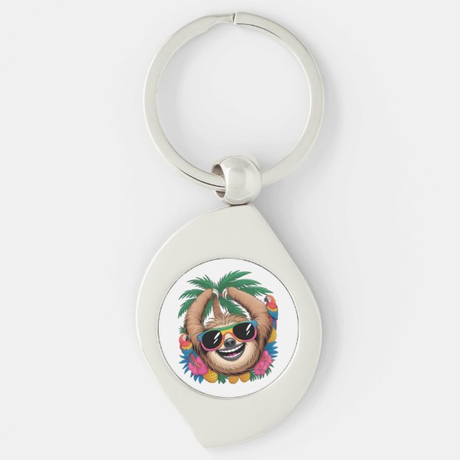 Kawaii Tropical Sloth – Cute Summer Vibes Rainbow  Schlüsselanhänger (Vorderseite)