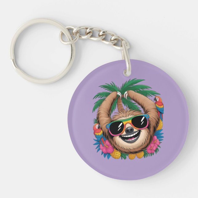 Kawaii Tropical Sloth – Cute Summer Vibes Rainbow  Schlüsselanhänger (Vorderseite)