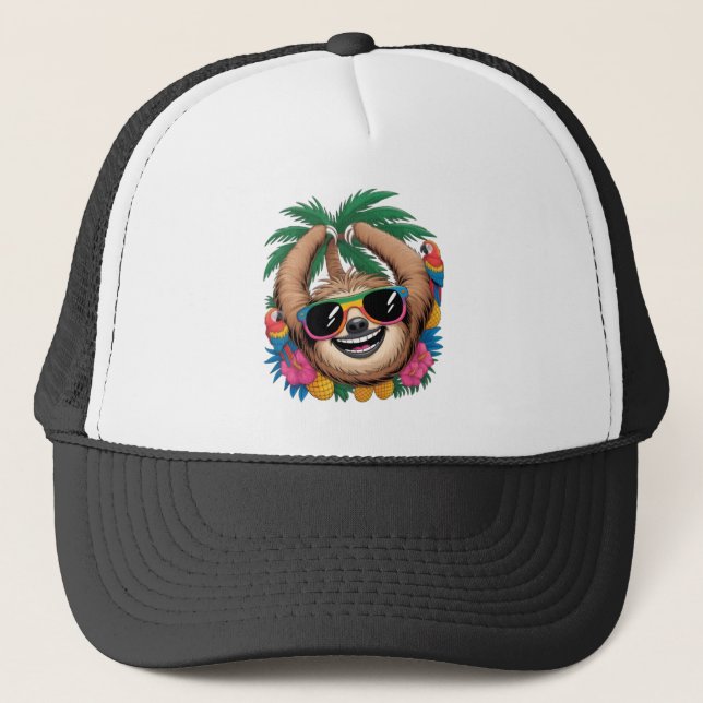 Kawaii Tropical Sloth – Cute Summer Vibes Rainbow  Truckerkappe (Vorderseite)