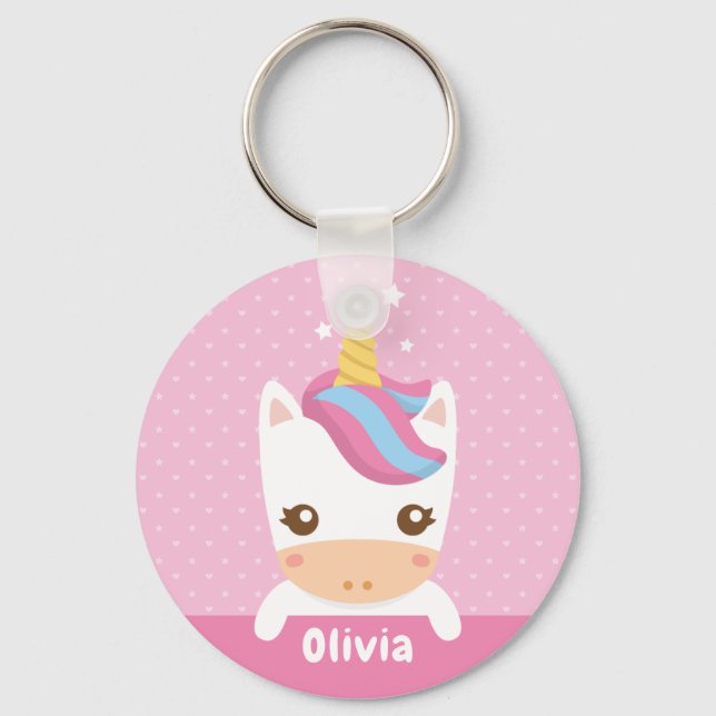 Kawaii Unicorn Girls Pink Personalisierter Schlüss Schlüsselanhänger (Vorderseite)