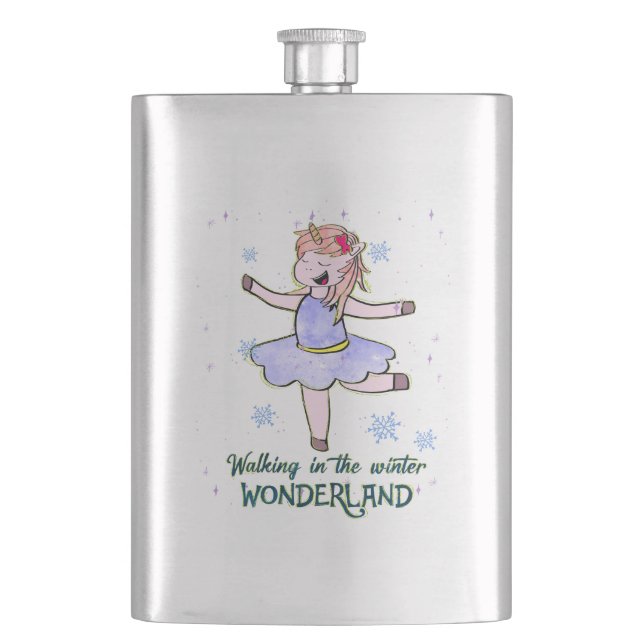 Kawaii Unicorn | Wandern im Winter Flachmann (Vorderseite)