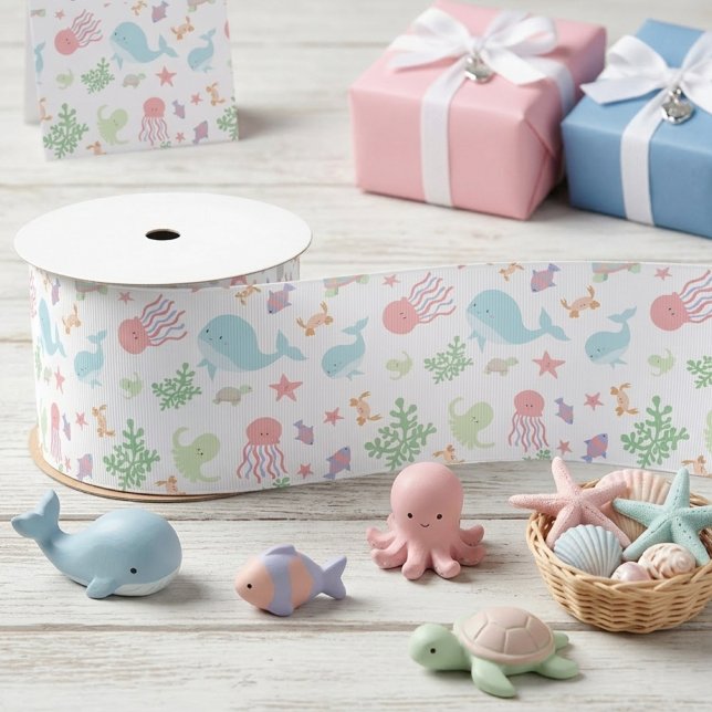 Kawaii unter der Sea Baby Shower Neutral Pastel Satinband (Cute Pastel Sea Creatures Ribbon)