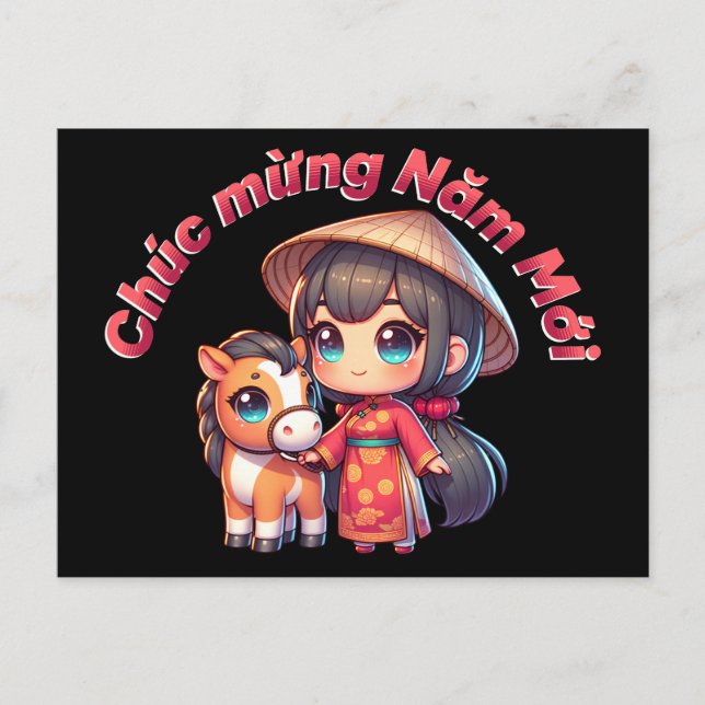 Kawaii Vietnamese New Year Girl & Horse Postkarte (Vorderseite)