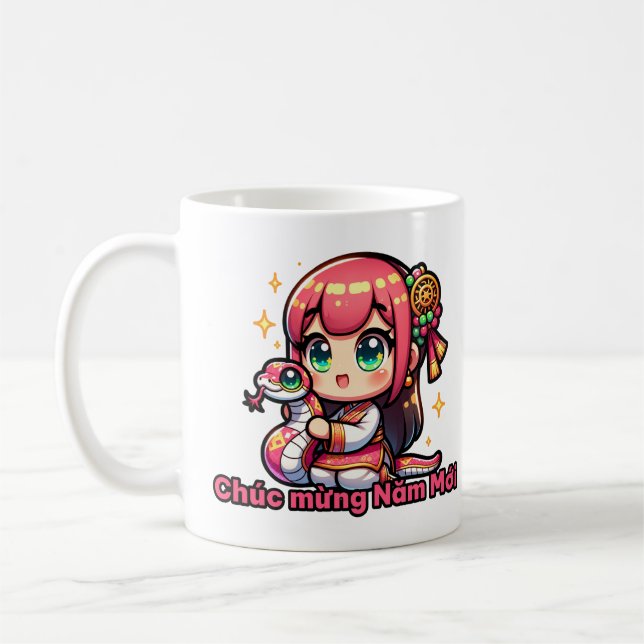 Kawaii Vietnamese New Year Girl & Snake Kaffeetasse (Links)