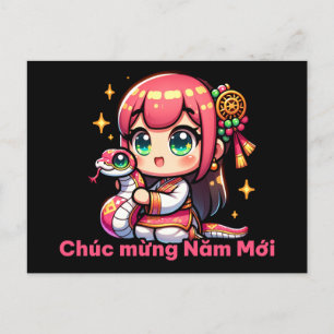 Kawaii Vietnamese New Year Girl & Snake Postkarte