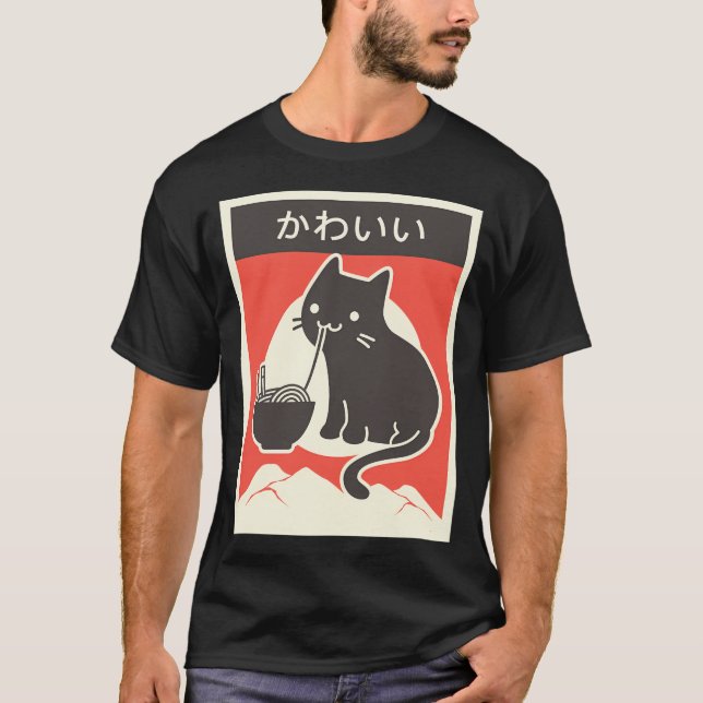 Kawaii Vintag Style Japenese Ramen Cat T-Shirt (Vorderseite)