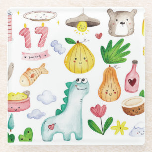 Kawaii Wasserfarbdoodles, Aufkleber fertig. Glasuntersetzer