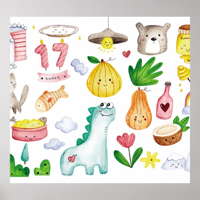 Kawaii Wasserfarbdoodles, Aufkleber fertig. Poster (Vorne)