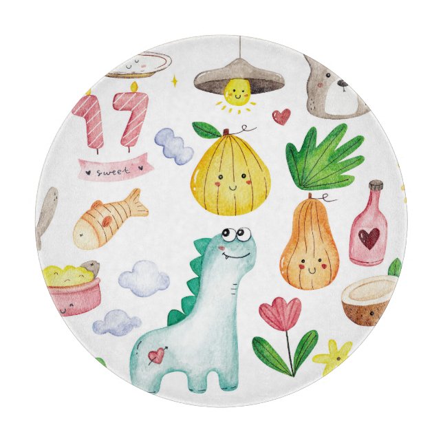 Kawaii Wasserfarbdoodles, Aufkleber fertig. Schneidebrett (Vorderseite)