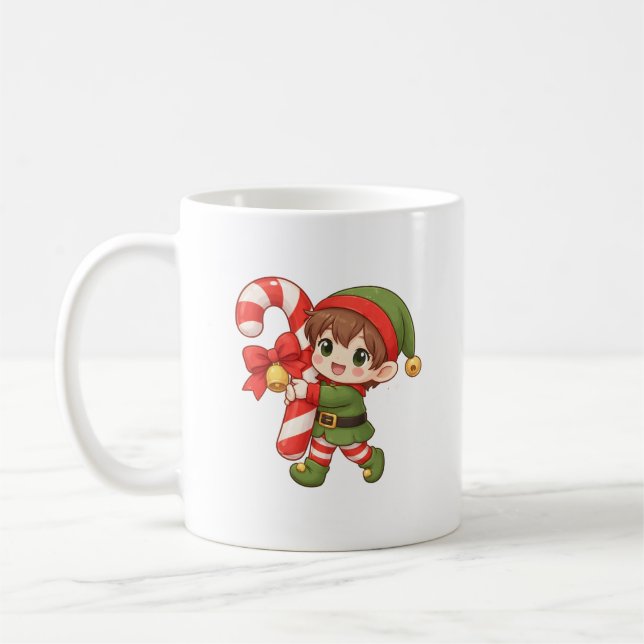 Kawaii-Weihnachts-Elf-Tasse mit Zuckerstange Kaffeetasse (Links)
