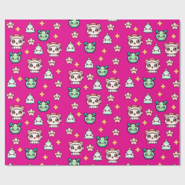 Kawaii Weihnachtskatzen & Sternen Umschlagpapier Geschenkpapier (Flach)