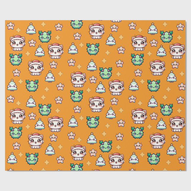 Kawaii Weihnachtskatzen & Sternen Umschlagpapier Geschenkpapier (Flach)