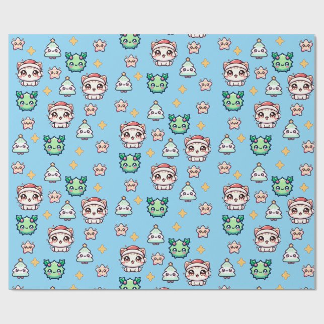 Kawaii Weihnachtskatzen & Sternen Umschlagpapier Geschenkpapier (Flach)
