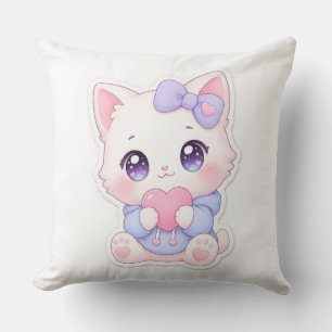 Kawaii Weiße Kätzchen Herz & Lila Schleife Kissen