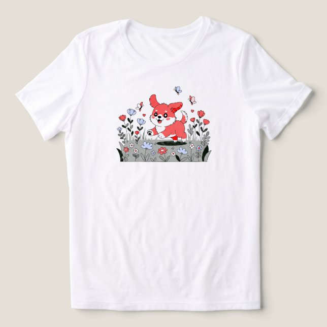 "Kawaii Welpe mit Schmetterlingen | NUR WEISS Tri-Blend Shirt (Design Vorderseite)