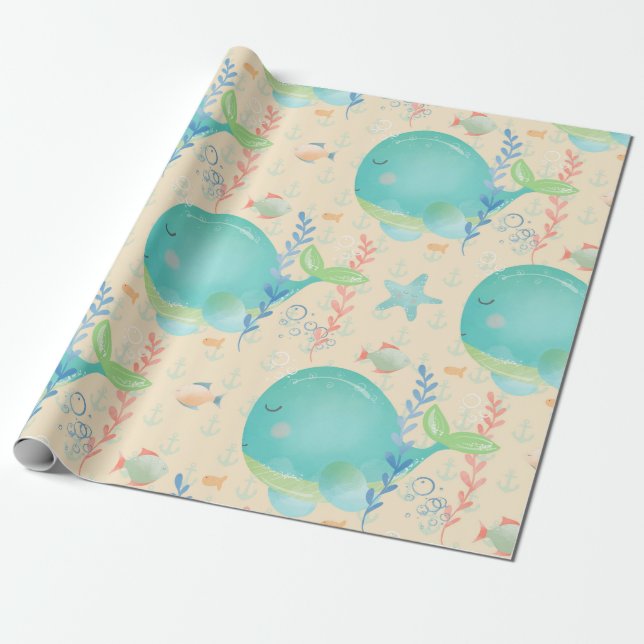 Kawaii Whale unter dem Sea Baby Shower Muster Geschenkpapier (Ungerollt)