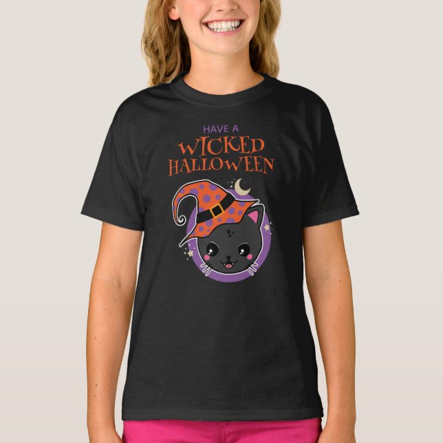 Kawaii Witch Cat Halloween T-Shirt (Vorderseite)