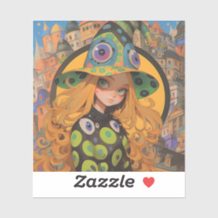 Kawaii Witch & Eyeball Hat in Fantasy City Aufkleber