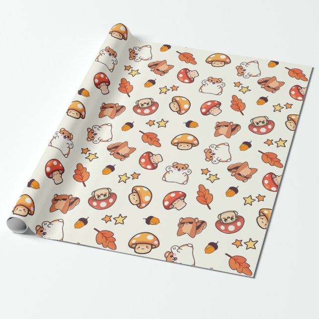 Kawaii Woodland Tiere und Pilze Muster Geschenkpapier (Ungerollt)