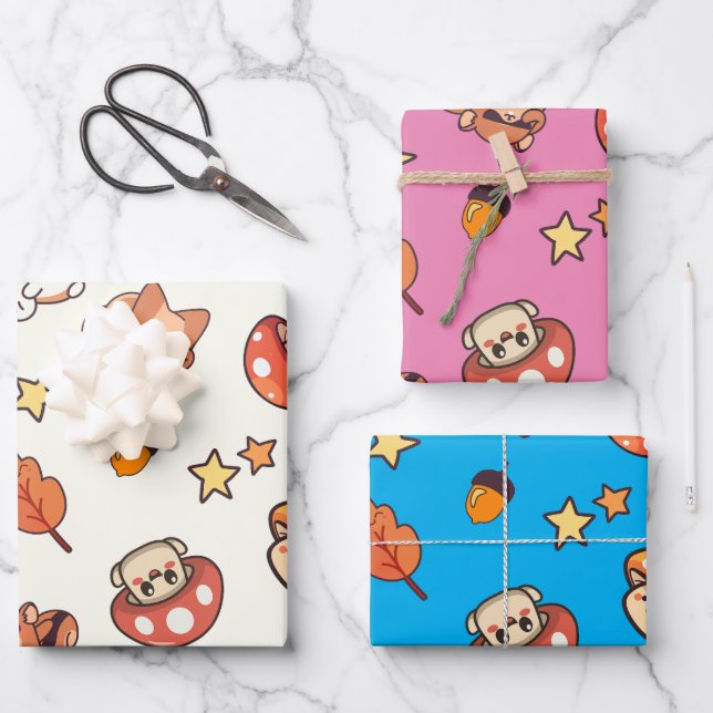 Kawaii Woodland Tiere und Pilze Muster Geschenkpapier Set (Vorderseite)