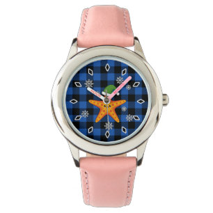 Kawaii Xmas Starfish auf Blue Buffalo Muster Armbanduhr