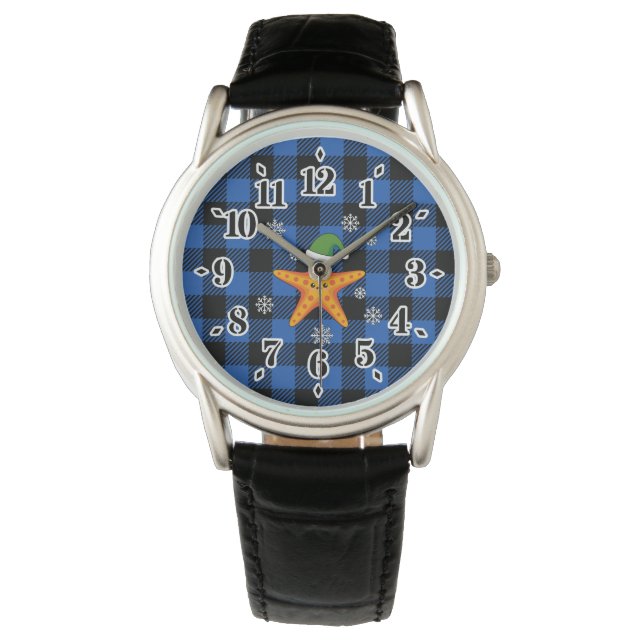 Kawaii Xmas Starfish auf Blue Buffalo Muster Armbanduhr (Vorderseite)