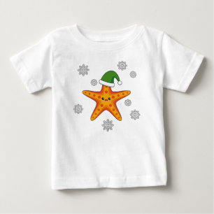 Kawaii Xmas Starfish auf Blue Buffalo Muster Baby T-shirt