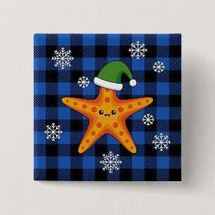 Kawaii Xmas Starfish auf Blue Buffalo Muster Button