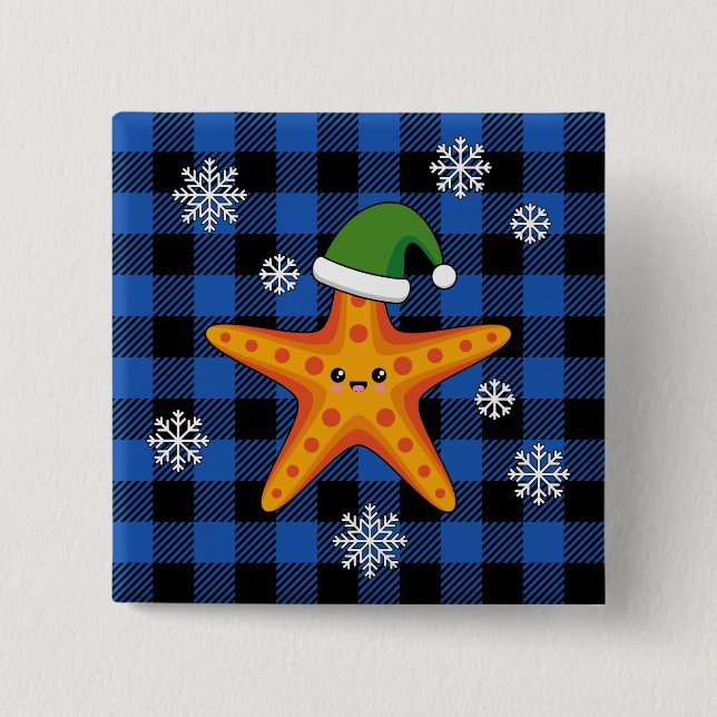 Kawaii Xmas Starfish auf Blue Buffalo Muster Button (Vorderseite)