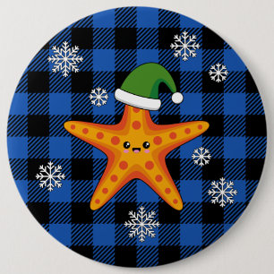 Kawaii Xmas Starfish auf Blue Buffalo Muster Button