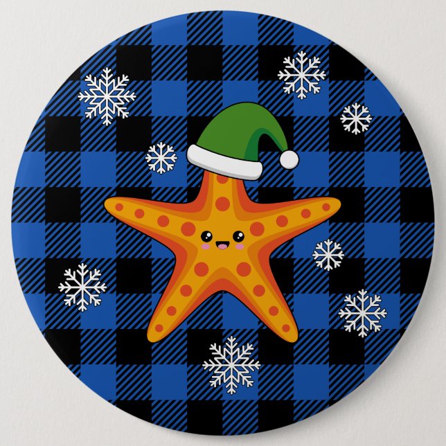 Kawaii Xmas Starfish auf Blue Buffalo Muster Button (Vorderseite)