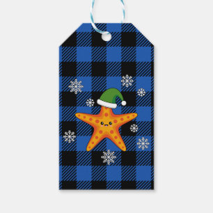 Kawaii Xmas Starfish auf Blue Buffalo Muster Geschenkanhänger